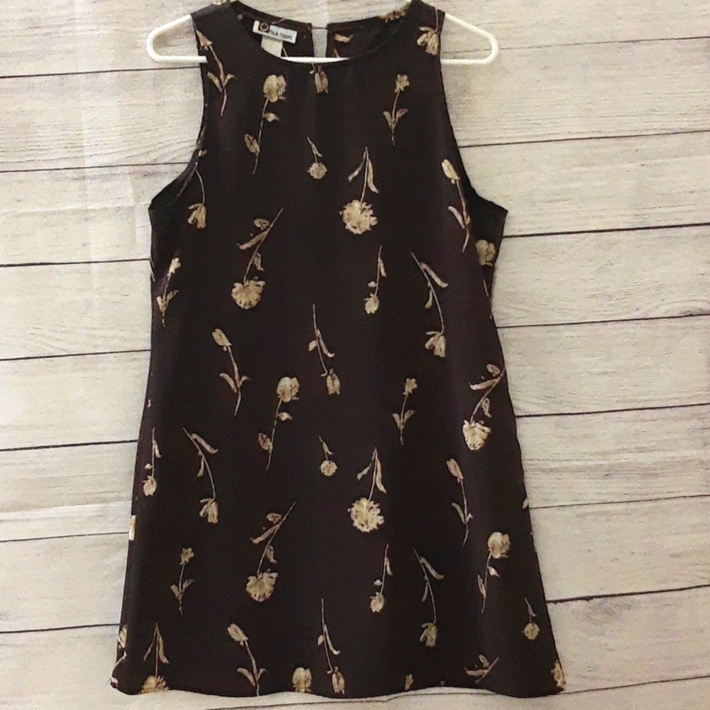 Floral Watercolor Print Tank Dress VTG 90s Brown Beige Size M